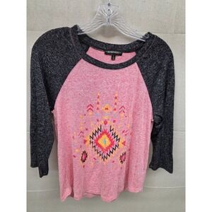 Inspired Hearts Womens Pink Charcoal Grey Southwestern Graphic Raglan Top Large
